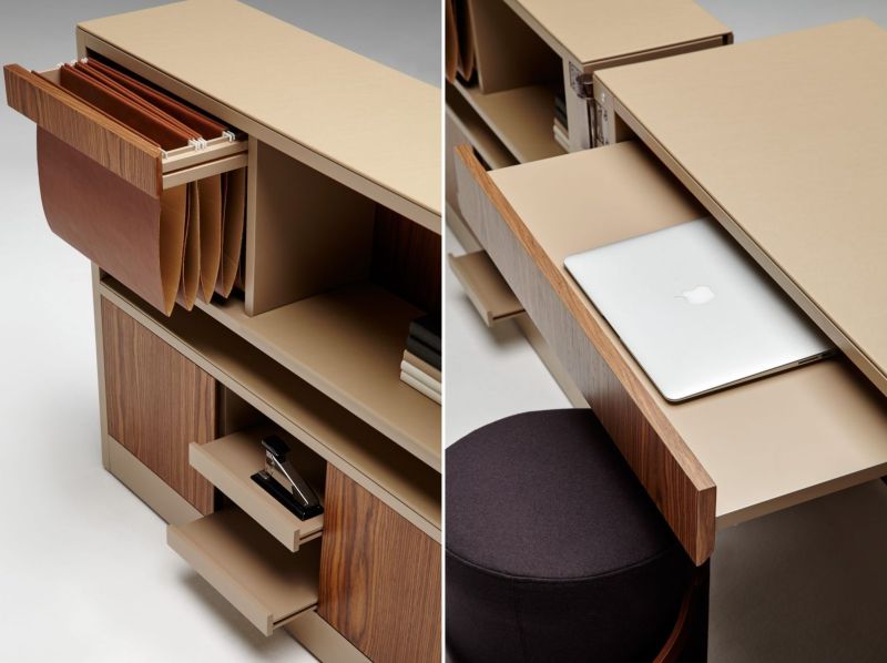 OfficeinaBox Cubic console opens into a functional workstation